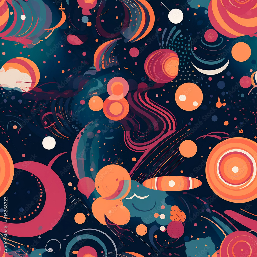Abstract geometric seamless space pattern with weird and wonderful shapes on a blue background generative AI illustration Abstract geometric seamless space pattern with weird and wonderful shapes on a blue background generative AI illustration