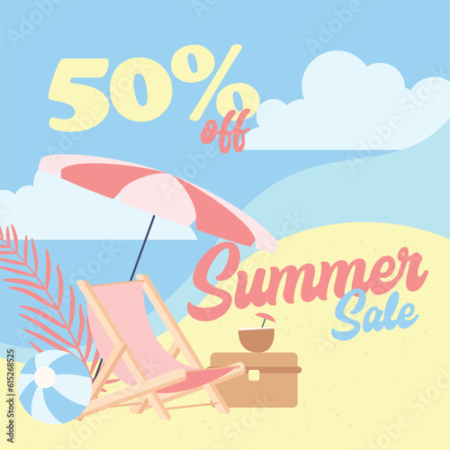 Summer sale discount poster with summer landscape Vector illustration