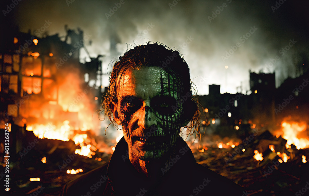 Fototapeta premium Creepy zombie on the background of a burning city. Zombies during the apocalypse. Generative AI.