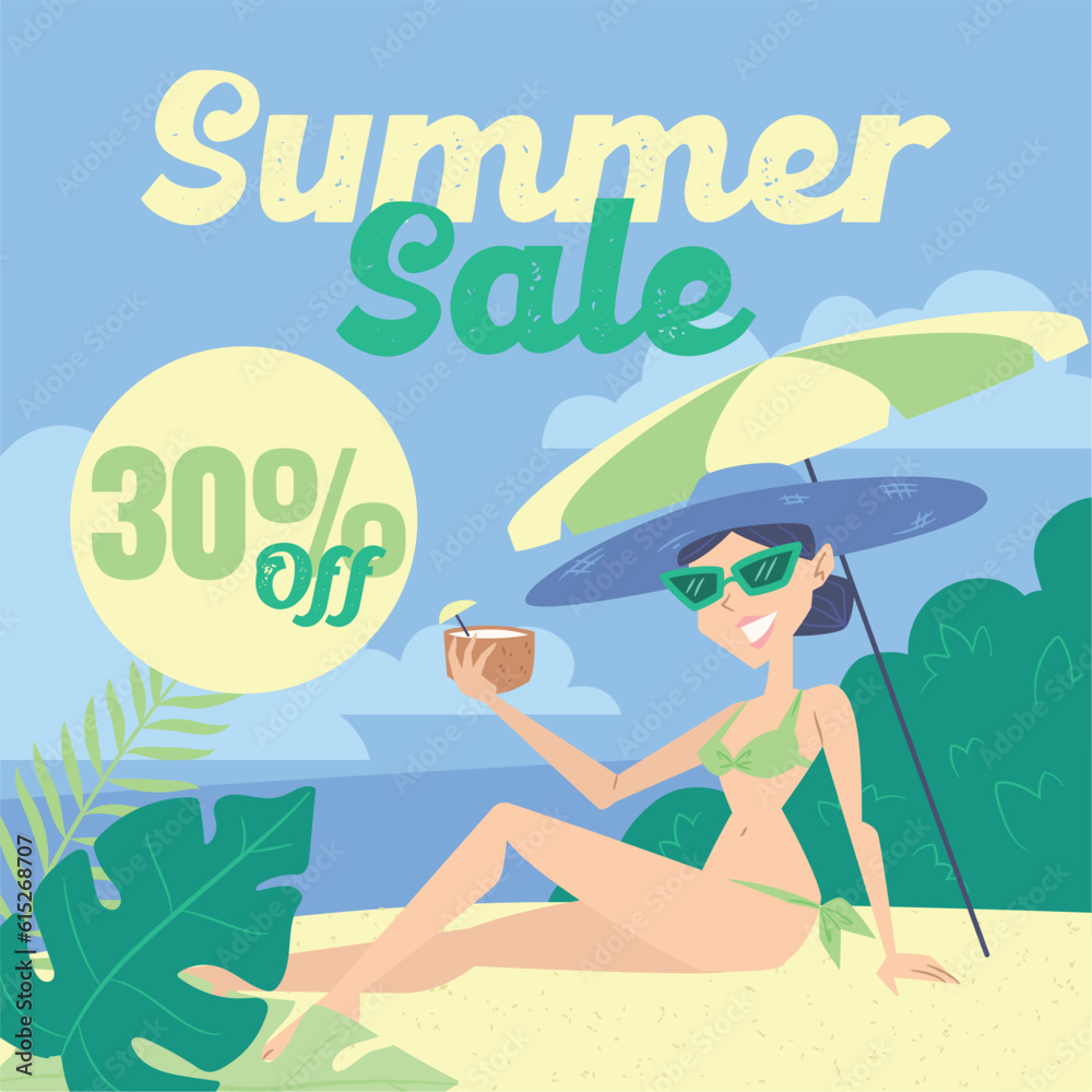 Summer sale discount template with female character taking a sunbath Vector illustration