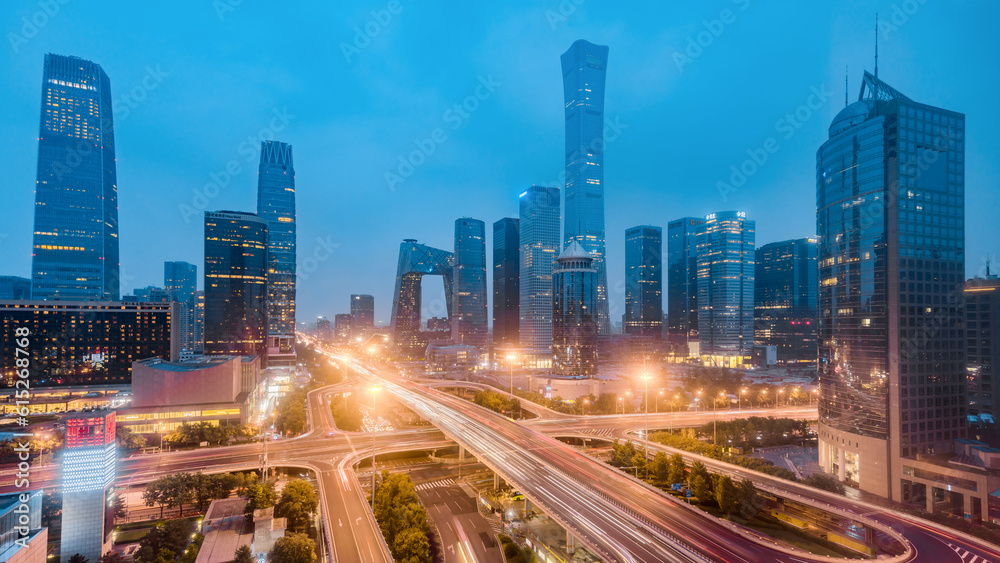 High angle view night of Guomao Overpass and CBD buildings complex in Beijing, China