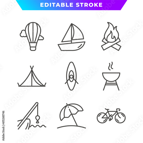 Set of Recreational Activities Outline Icon. Fishing, Camping, Campfire, Sailing, Grilling BBQ, and More. Editable Stroke. Vector Eps 10