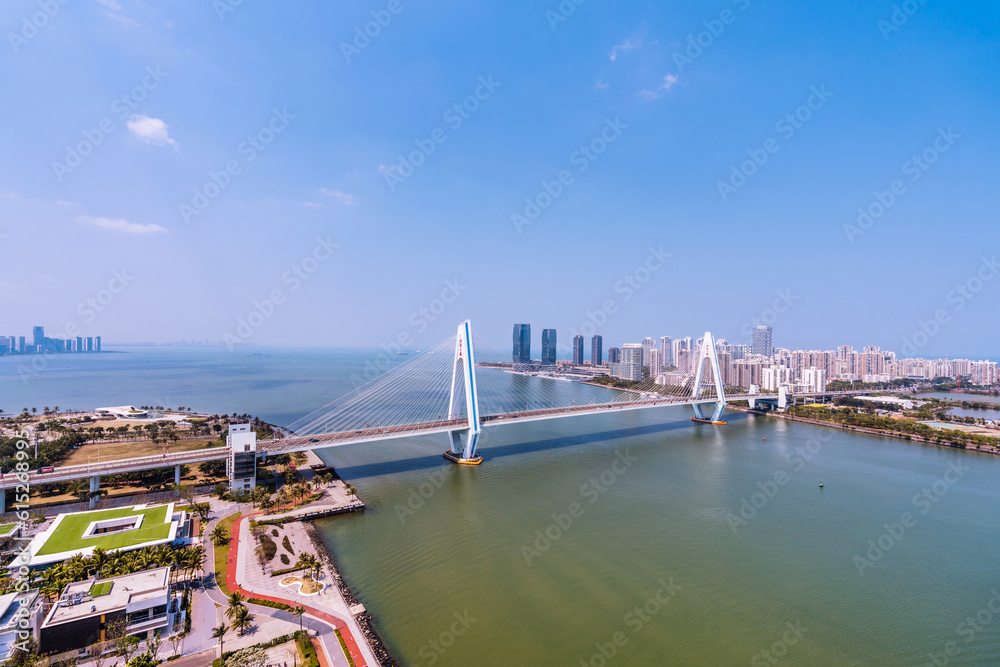 Naklejka premium High angle view skyline of Haidian River Century Bridge in Haikou, Hainan, China