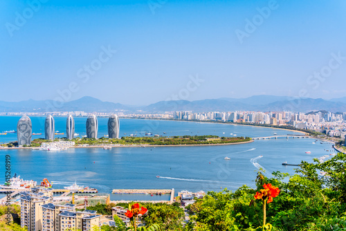 Canvas Print Sanya Bay coastline and Phoenix Island skyline, Sanya, Hainan, China