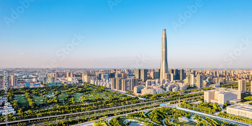Fotografie Aerial shot of the skyline of Chow Tai Fook Finance Center in Binhai New Area, T