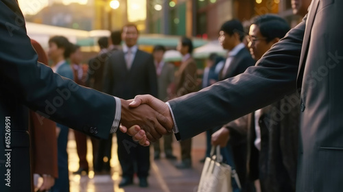 Two businessmen shaking hands in front of a group of people