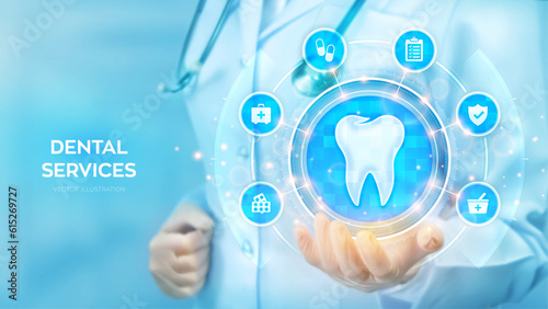Dental servises. Dentistry concept. Dental insurance. Dental care, taking care of teeth. Doctor holding in hand tooth icon and medicine icons network connection on virtual screen. Vector illustration.