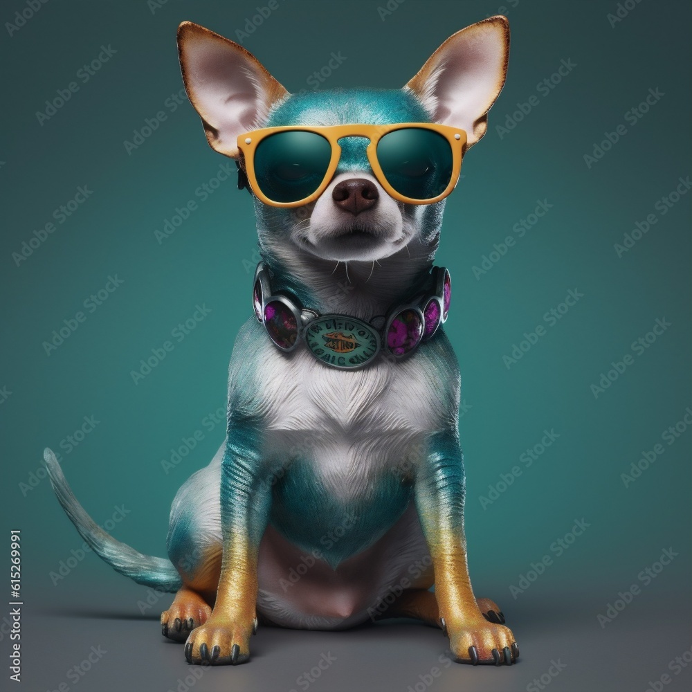 pet dog chihuahua background yellow cute portrait glasses doggy puppy animal. Generative AI.