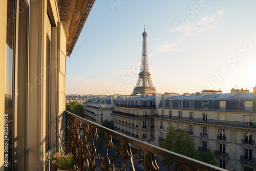 View of Eiffel Tower from a balcony