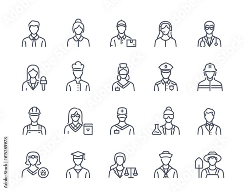 Outline icons set. Avatars of workers, doctor, farmer, student, veterinarian, journalist and builder. Portraits of employees in line art. Linear flat vector collection isolated on white background