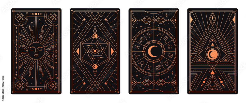 Esoteric tarot card set. Magic poster for divination and prediction of fate. Geometric sacred print with astrology and destiny. Occult mystical symbol and natal chart. Cartoon flat vector illustration