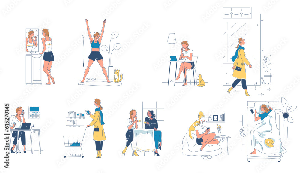 Women daily life set. Routine and habits of girl. Female character brushes teeth, does yoga, works in office, buy groceries and do beauty treatments. Linear flat vector isolated on white background