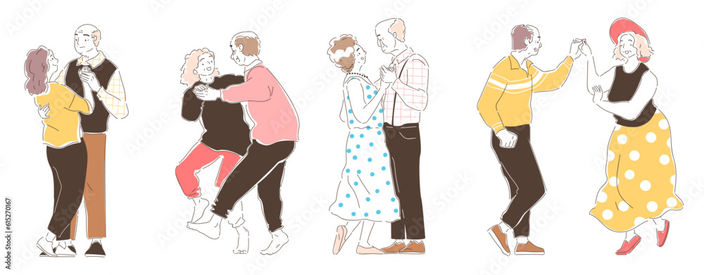 Senior couples set. Elderly happy smiling men and women dancing, rejoicing and huging. Cute romantic aged characters hold each other hands. Linear flat vector collection isolated on white background