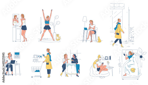 Women daily life set. Routine and habits of girl. Female character brushes teeth, does yoga, works in office, buy groceries and do beauty treatments. Linear flat vector isolated on white background