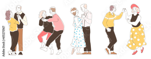 Senior couples set. Elderly happy smiling men and women dancing, rejoicing and huging. Cute romantic aged characters hold each other hands. Linear flat vector collection isolated on white background