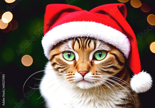Cat wearing santa claus hat on christmas background. Generative AI © Anton Dios