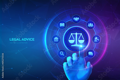 Labor law, Lawyer, Attorney at law, Legal advice concept on virtual screen. Internet law and cyberlaw as digital legal services or online lawyer advice. Hand touching digital interface. Vector. EPS10.