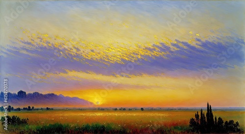 a painting of a sunset over a field, generative AI.