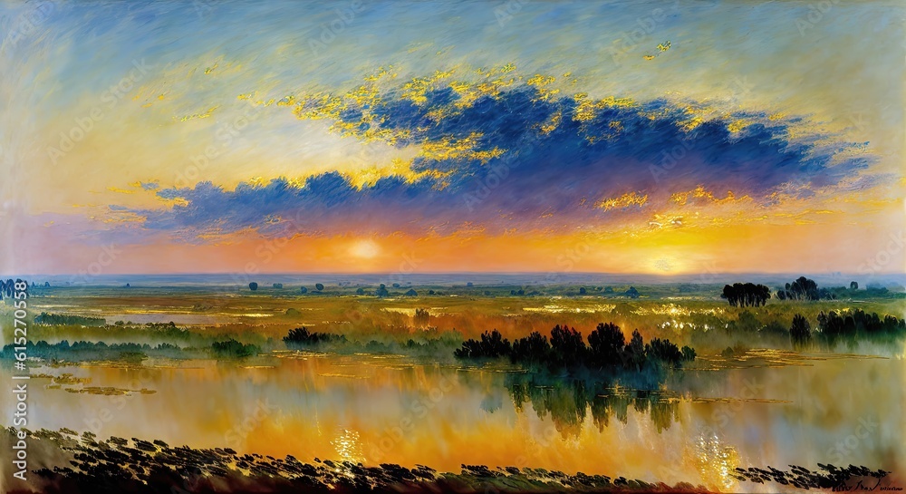 a painting of a sunset over a lake, generative AI.