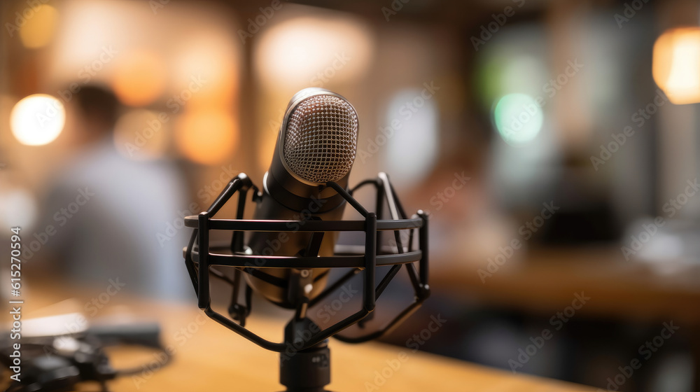 Podcast microphone with person interviewing guest background Podcast microphone with person interviewing guest background