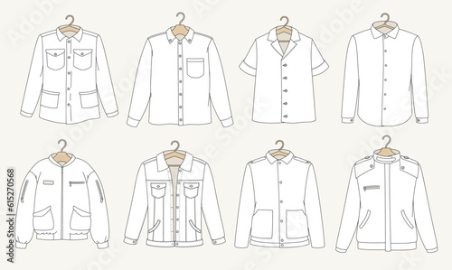 White shirts and jackets set. Fashionable unisex clothes for men and women. Trendy cotton and denim vests with buttons, pockets, long and short sleeves. Linear flat vector isolated on white background