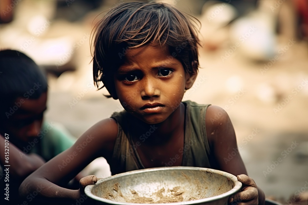 Hungry starving poor little child looking at the camera Stock