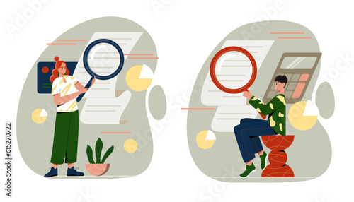 Accountants and documents. Set with employees planning budget, serving business and calculating income. Man and woman with magnifiers inspect checks and invoices. Cartoon flat vector illustrations
