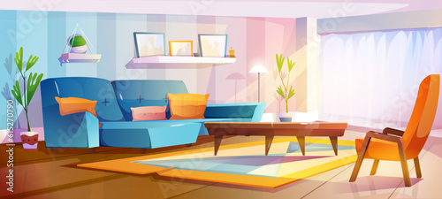 Living room interior. lounge with sofa, cushions, armchair, coffee table, window, carpet, potted plants and shelves. Horizontal banner with cozy light home design. Cartoon flat vector illustration