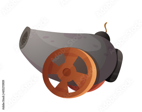 Pirate color icon. Funny cannon on wheels with bomb for sea ships. Fairy tale sticker for social media and website. Weapon, fight concept. Cartoon flat vector illustration isolated on white background