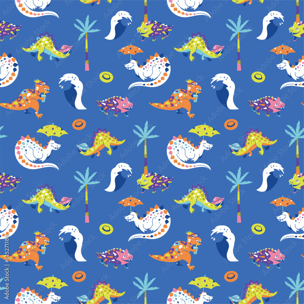 Obraz premium Dinosaurs seamless pattern with palm trees and sea waves