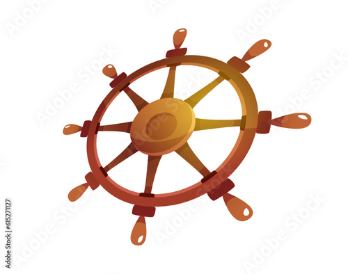 Pirate color icon. Wooden round steering wheel to steership. Element of sea vessel. Rulem sticker for social media and websites. Cartoon flat vector illustration isolated on white background