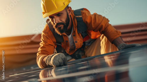 Solar engineers are installing solar panels on the roof