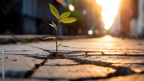 A seedling growing from a cracked pavement