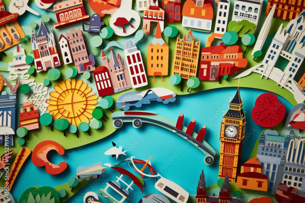 London city colourful illustration. Paper cutout style. Generative ai