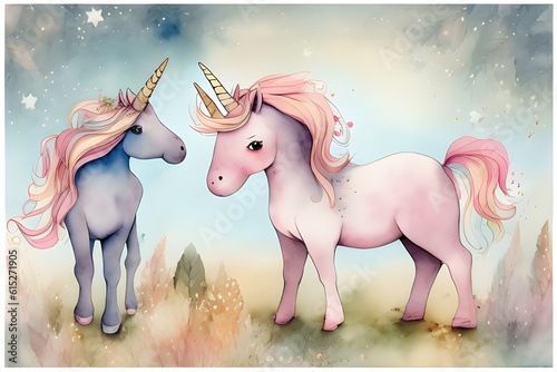 Magic Unicorn  Pegasus and Pony. Watercolor illustration.  Concept of painting technique isolated on white background in canvas. watercolour illustration made with Generative AI