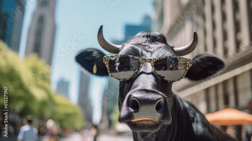 A black cow with glasses in the city generative ai