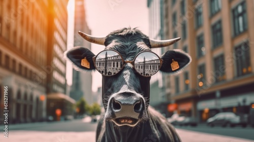 A black cow with glasses in the city generative ai