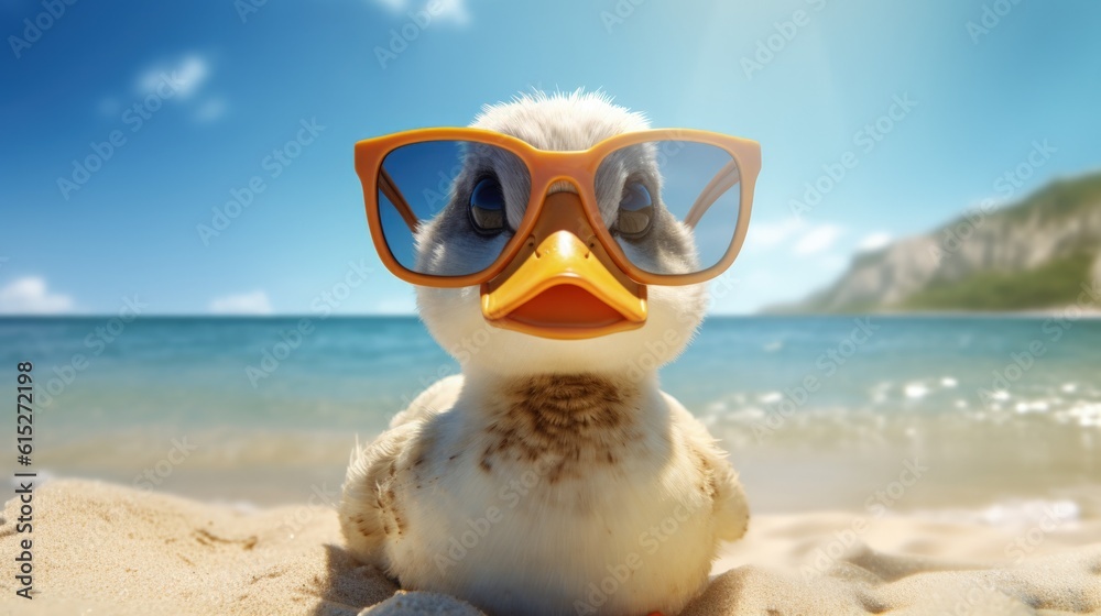 A duck with sunglasses in the beach generative ai