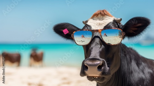 A black cow with glasses on the beach generative ai