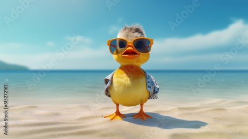 A duck with sunglasses in the beach generative ai © Francheska