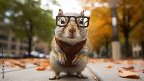 A squirrel with glasses in the city generative ai