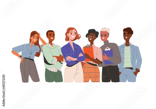 Happy work team. Smiling office characters posing together. Employees and their female boss leader. Friendly teamwork demonstrate confidence, cooperation and unity. Cartoon flat vector illustration