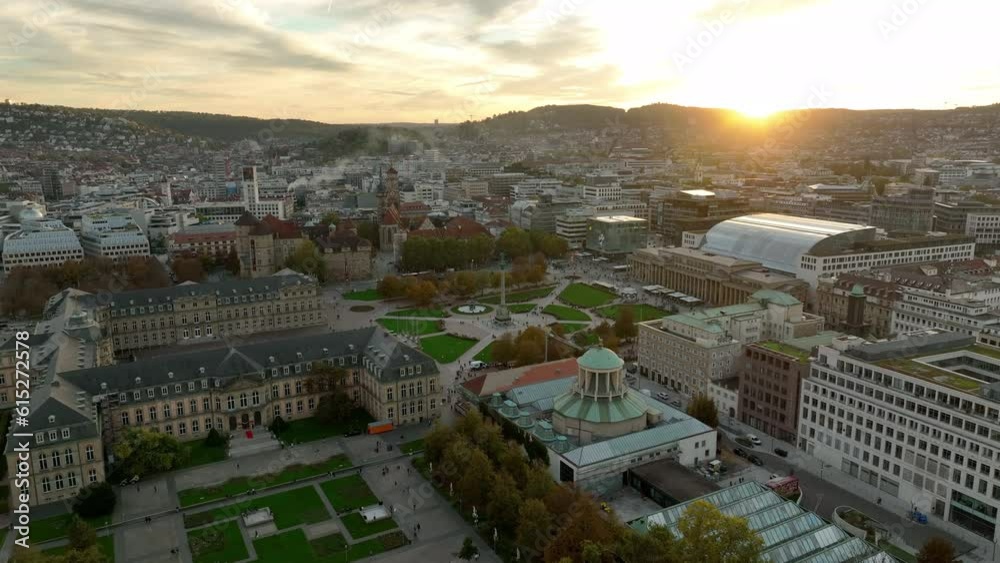 sunset time stuttgart city center aerial panorama 4k germany sunset time stuttgart city center aerial panorama 4k germany