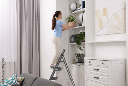 Woman on ladder with houseplant near shelves at home photo