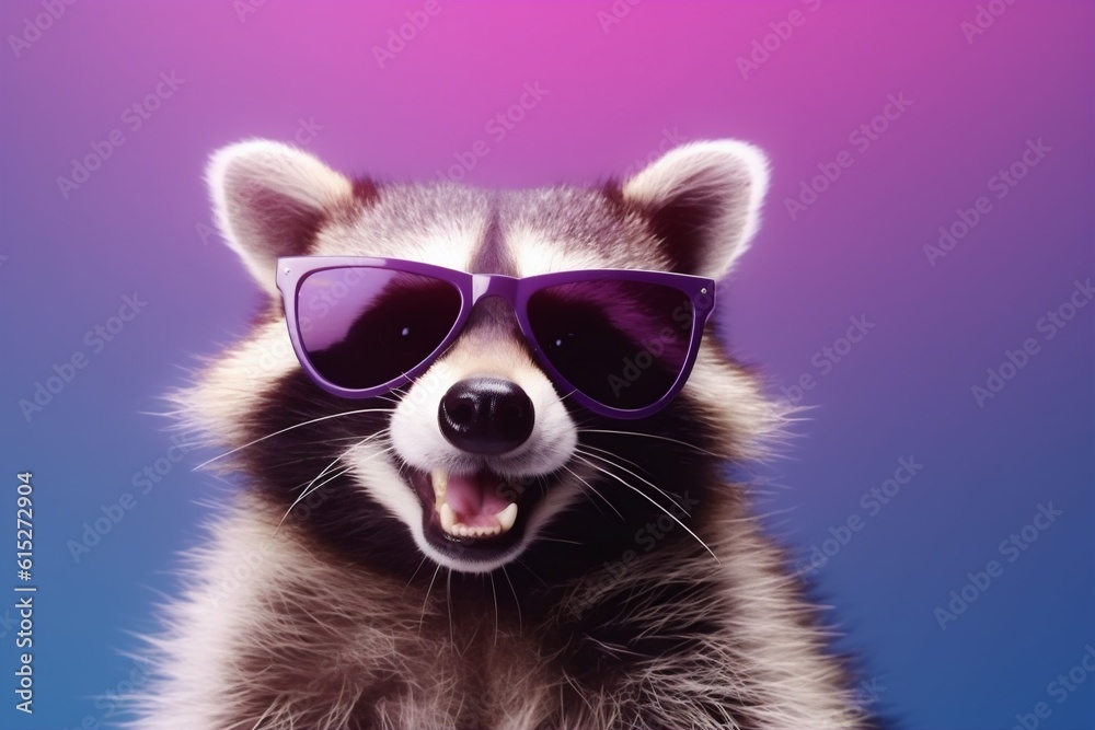 raccoon background animal portrait techno glasses fun pet party young music. Generative AI.