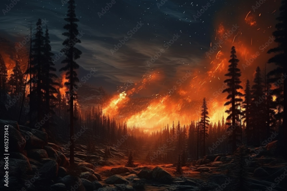 Forest fire in the summer season of the dry period of the year. AI generated, human enhanced Forest fire in the summer season of the dry period of the year. AI generated, human enhanced