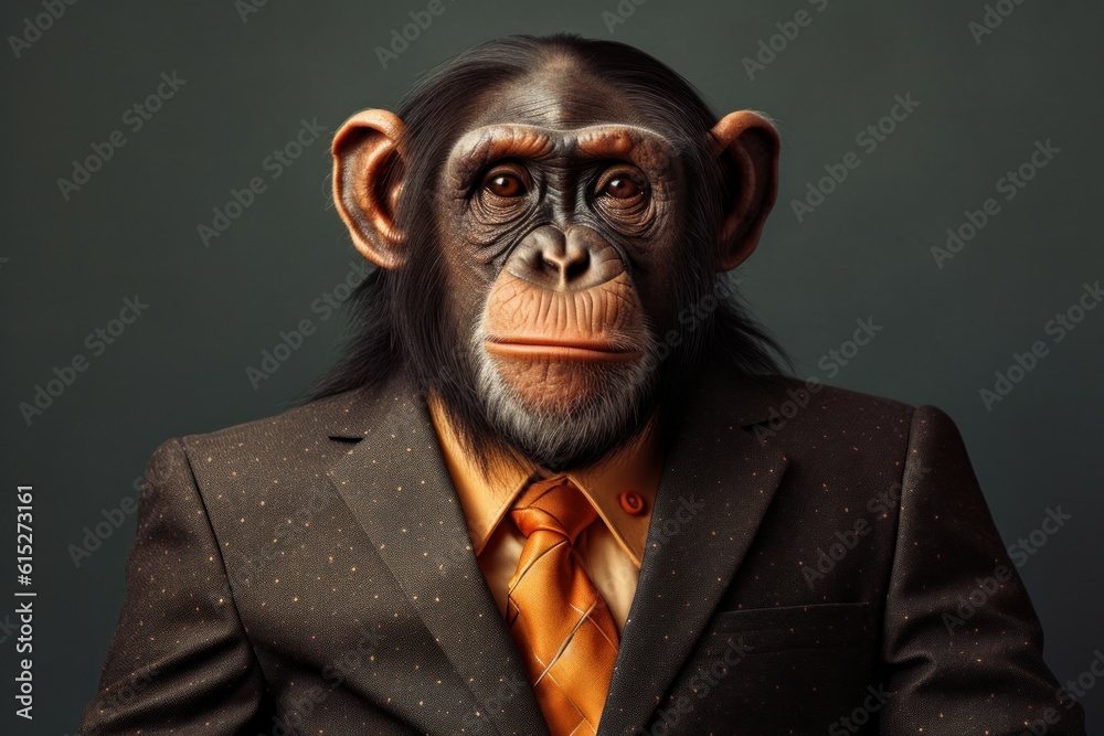 Anthropomorphic chimp dressed in a suit like a businessman. business concept. AI generated, human enhanced Anthropomorphic chimp dressed in a suit like a businessman. business concept. AI generated, human enhanced
