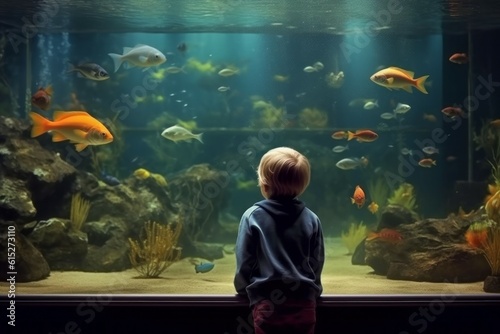 The boy looks into the aquarium. AI generated, human enhanced. © top images