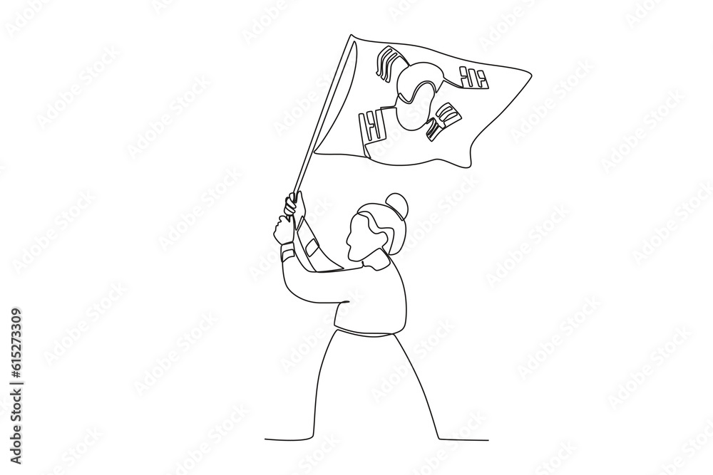 A woman holding a flag with both hands. National liberation day of Korea one-line drawing