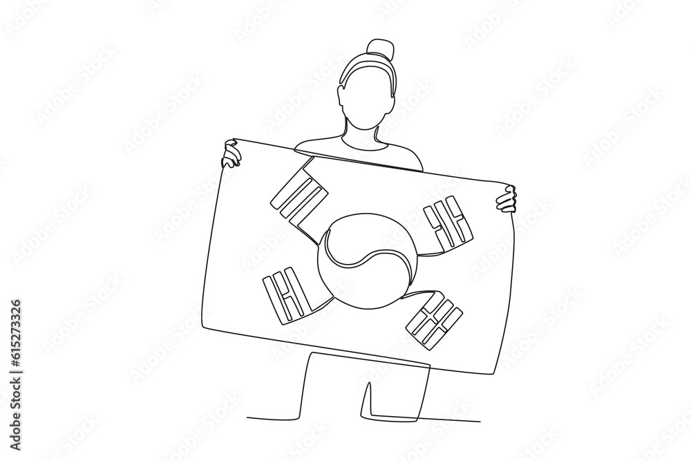 A happy woman holding a Korean flag. National liberation day of Korea one-line drawing A happy woman holding a Korean flag. National liberation day of Korea one-line drawing
